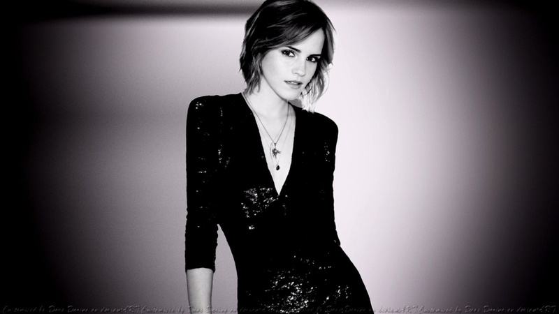 emma, hair, necklace, women, 1080P, looking at viewer, portrait, front view, beautiful woman, monochrome, dress, studio shot, Emma Watson, indoors, contemplation