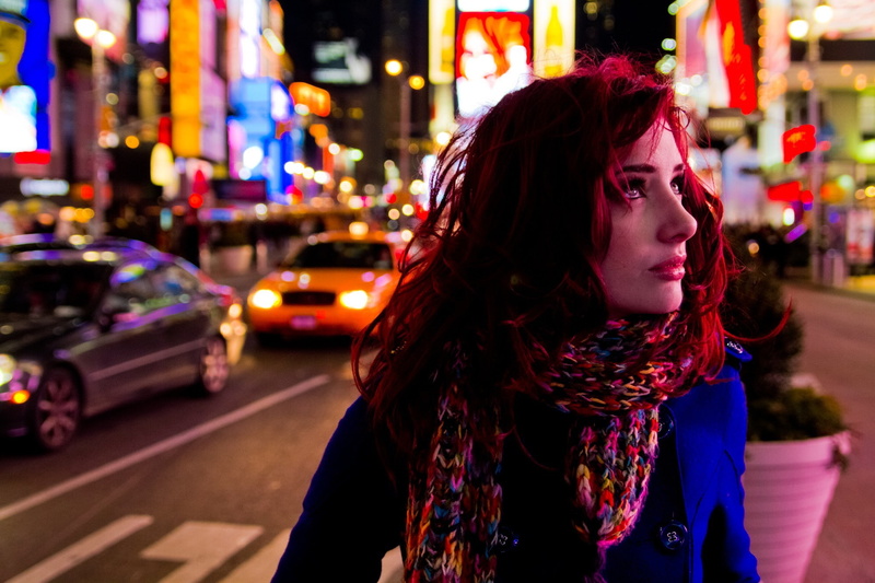 outdoors, night, beautiful woman, model, young adult, city, looking away, adult, redhead, focus on foreground, one person, architecture, contemplation