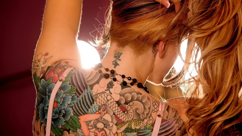 women, tattoo, back, 1080P, tatto, blonde, floral