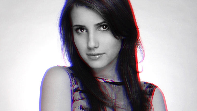 adult, long hair, Emma Roberts, portrait, beauty, anaglyph 3D, casual clothing, simple background, young women, looking at viewer, looking at camera, contemplation