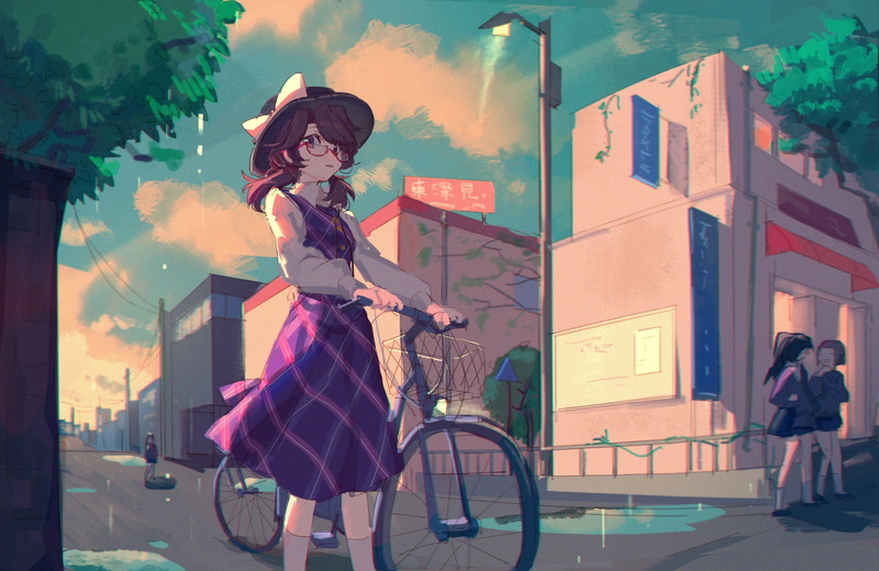 pole, 2K, light, aibivy, sumireko, board, lines, puddle, utility, power, usami, purple, touhou, skirt, anaglyph, sign, set, vest