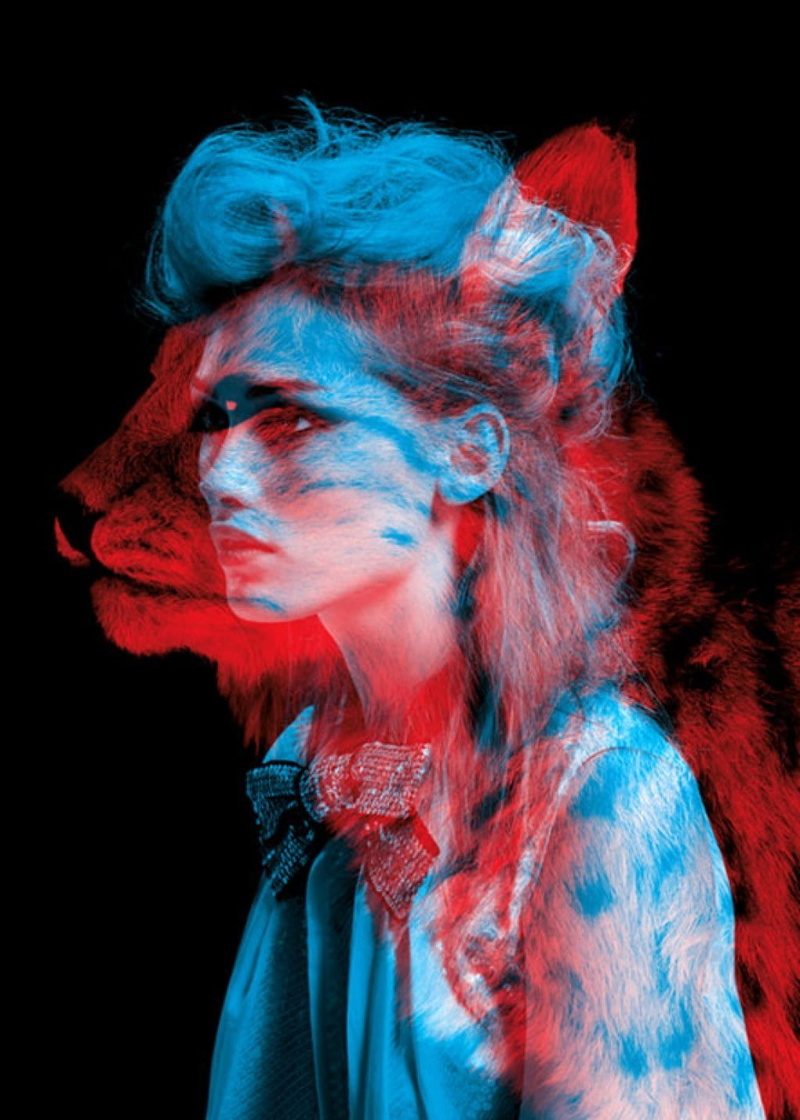 studio shot, creativity, headshot, dyed hair, looking, stage make-up, make-up, black background, indoors, young adult, women 3d animals red blue anaglyph 3d