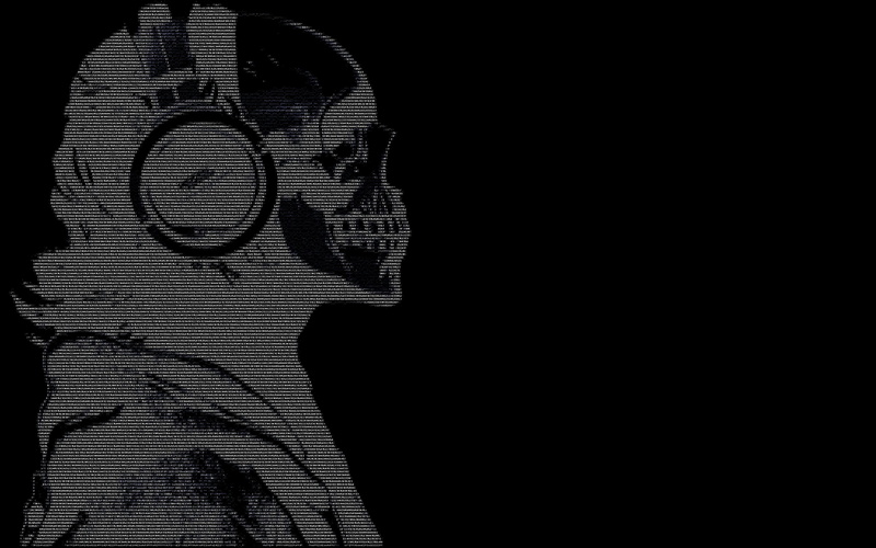 skulls, 4K, text, Headphones, hackers, guy, ascii, dark, black