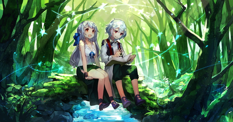 childhood, girl and boy, people, nature, green color, forest, togetherness, front view, girls, day, two people, real people, lifestyles, females, reading a book