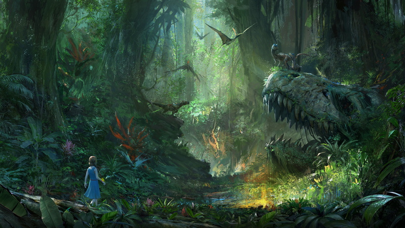 forest, digital, girl, blue, 8k, Tokyo Game Show 2017, walks, Ark Park, 5K, dinosaurs, dress, screenshot