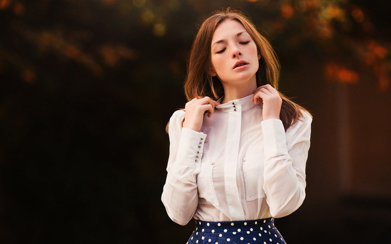 contemplation, beautiful people, hand, closed eyes, standing, polka dots, beautiful woman, women outdoors, one person, face, waist up, body part, long hair