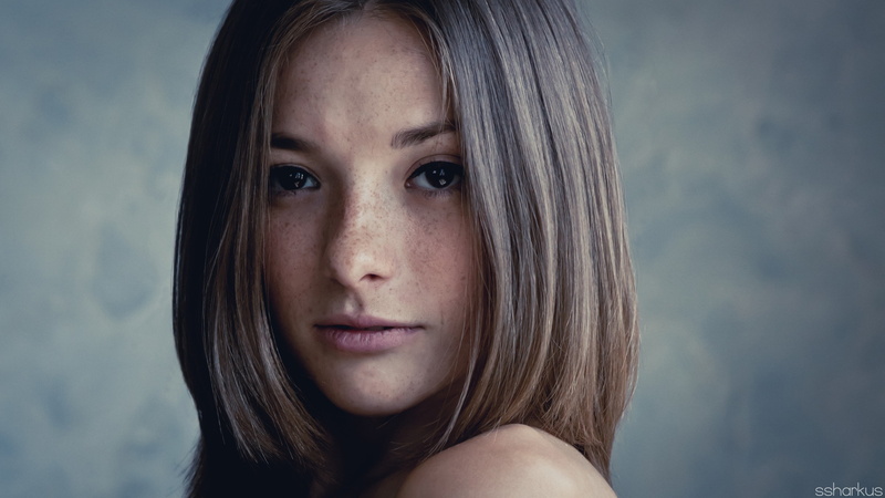 2K, face, freckles, brunette, looking at viewer, Olga Kobzar, straight hair, closeup, women