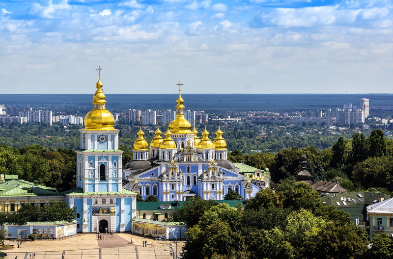 the bell tower, trees, cathedral, the monastery, michaels, houses, sky, Ukraine, St. Michaels Cathedral, view, 2K, st, Kiev