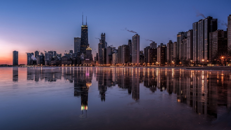 dusk, united states, 1080P, chicago, john hancock center, lake michigan, skyscrapers, downtown, ilinois, skyline, reflection, usa, cityscape