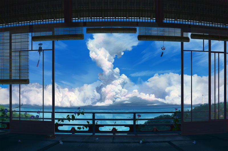 artwork, sky, room, anime, house, 1080P, clouds