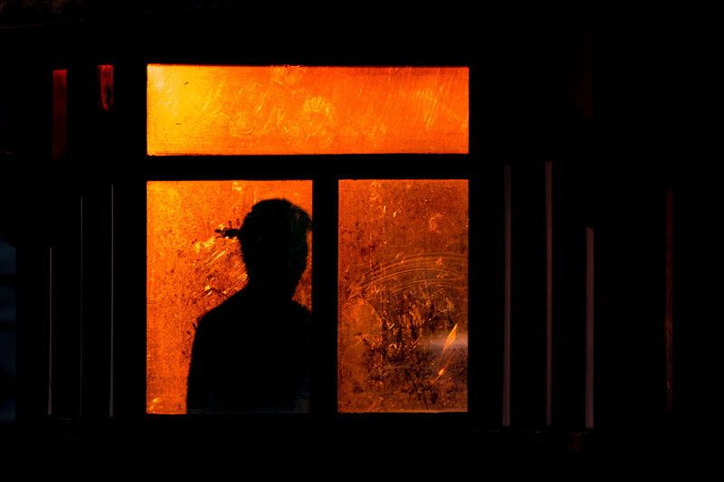 color, abstract, waiting, architecture, window, one person, fire, indoors, sinister, orange, waist up, 5K, dark, outside, silhouette, adult, building