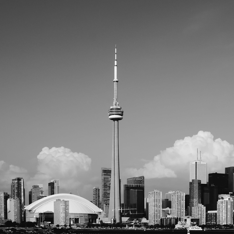 clouds, black and white, modern, toronto islands, architecture, pollution, city, 1080P, day, outdoors, sky, toronto, travel, tower, tall - high, spire