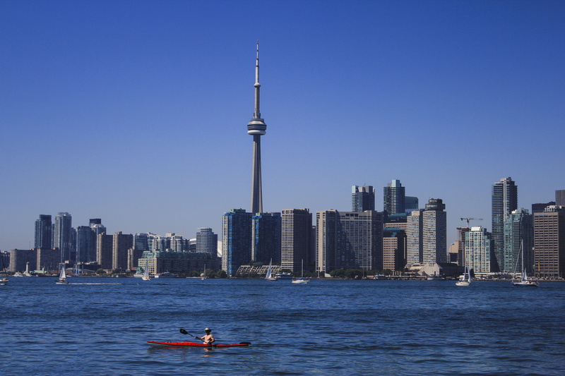 skyscraper, city, travel destinations, tall - high, office building exterior, 5K, canada, built structure, urban skyline, spire, boat, toronto islands