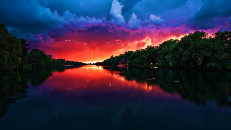 tranquility, afterglow, canada, storm, idyllic, waterfront, lightning, purple, lake, river, no people, red, tree, sunset, dusk, tranquil scene, beauty in nature