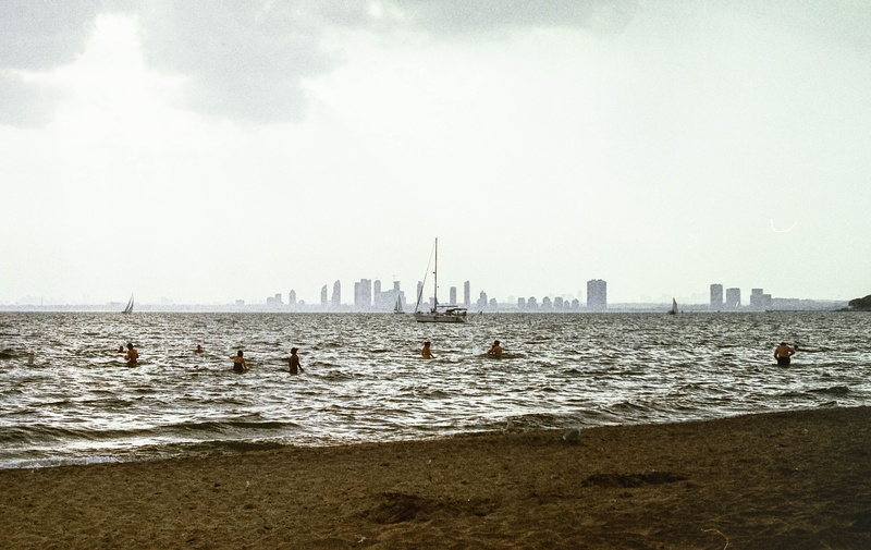 water, 4K, film photography, building, skyscraper, 35mm, no people, sea, canada, sky, lake ontario, hanlans point beach, toronto island, toronto, sand