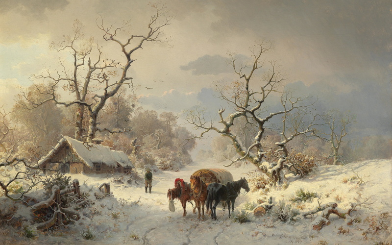 Large Winter Landscape with Horse and Cart, The Dusseldorf school of art, German painter, 4K, A large winter landscape with horse and cart, Ludvig Munthe