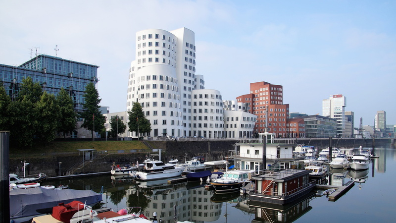 harbor, residential district, waterfront, germany, city, no people, marina düsseldorf, new zollhof, boats, sky, built structure, canal, building, outdoors