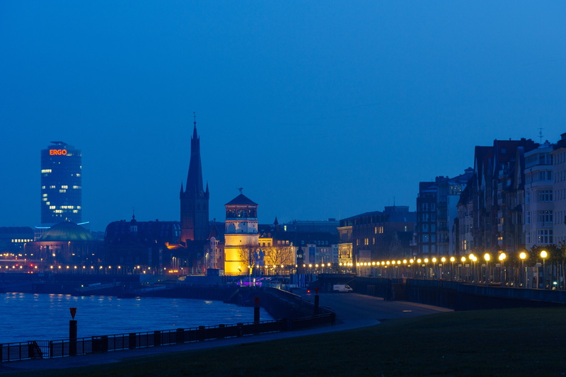 water, düsseldorf, night, architecture, rhine river, city, dusk, 5K, street, düsseldorfs old town, castle square, nature, travel destinations, skyscraper