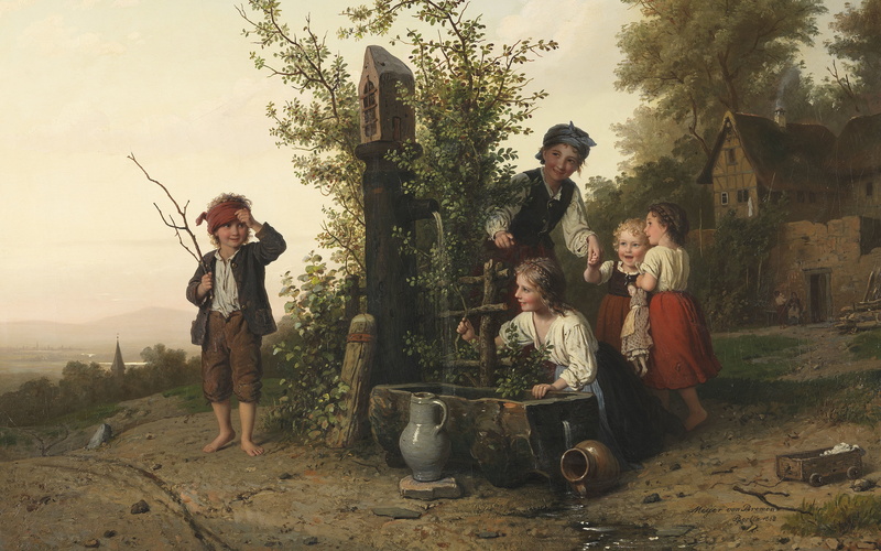oil on canvas, The Dusseldorf school of art, Blindmans buff, The game blindfolded, Johann Georg Meyer von Bremen, Blind mans bluff, Düsseldorf school of painting
