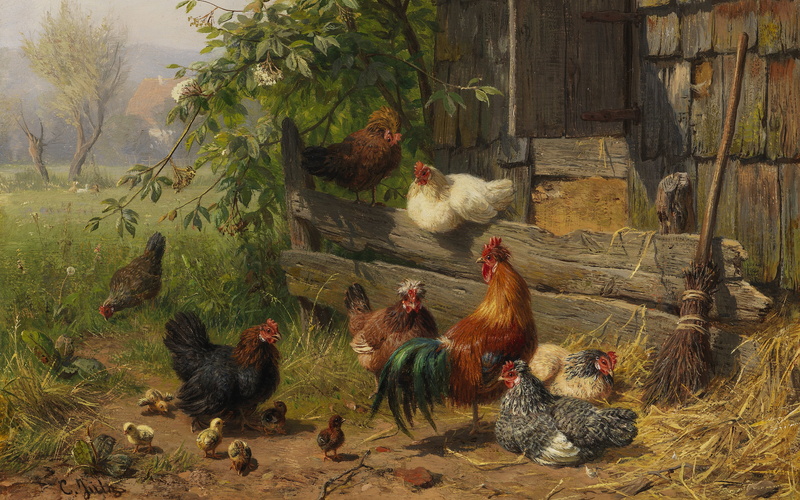 Carl UTZ Senior, Carl Jutz the Elder, Chicken, Düsseldorf school of painting, German painter, Carl UTC, Carl Jutz, Chickenyard, The Dusseldorf school of art