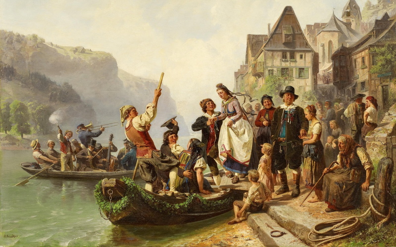 1859, Wedding procession on the Rhine, 2K, Albert Kindler, German painter, The wedding procession on the Rhine, The Dusseldorf school of art, Düsseldorf school of painting