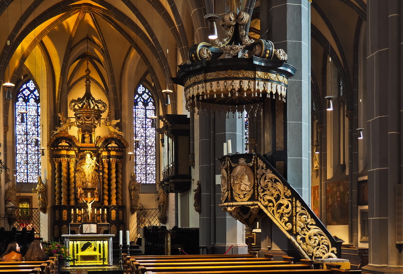 black, pray, vault, 4K, the past, stained glass, ornaments, gilded, arch, travel destinations, interior view, faith, statue, spirituality, pipe organ