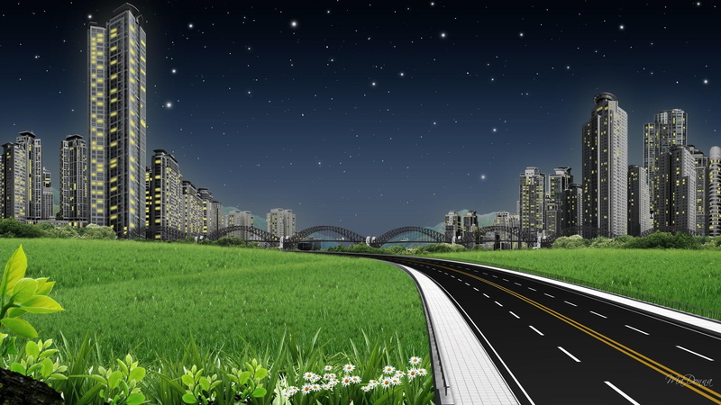 day, grey, tap, park, grass, bridge, illustration, animals, rise, time, city, buidlings, flowers, 1080P, stars, sky scrapers, building, high, road, highway