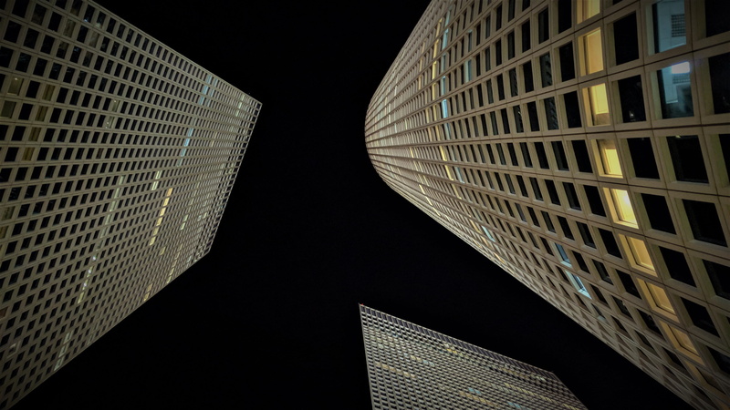 outdoors, modern, tower, architecture, office, building, no people, buildings, 4K, night, black background, nature, illuminated, low angle view, office building exterior
