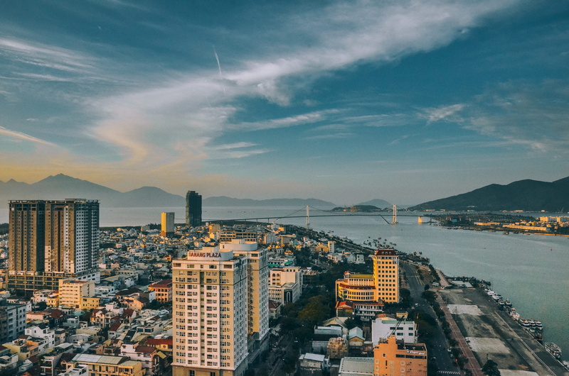 bridge, sea, blue, photo, rise, high, cityscape, da nang, residential district, daytime, architecture, high rise, building, city sky, urban, sky scrapers