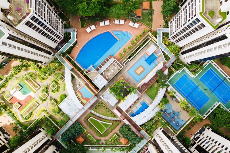 high rise, buildings, city, aerial view, nature, s, residential district, high angle view, water, sky scrapers, 2K, no people, eye, bird, swimming pool