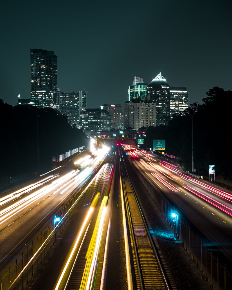 exposure, office building exterior, view, urban, highway, light trail, lights, cityscape, blurred motion, atlanta, multiple lane highway, street, long exposure