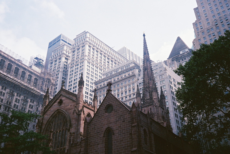 film, canon ae1, city, plant, belief, trees, 2K, portra 160, manhattan, 24mm, new york, sky, building, architecture, tree, tower, day, outdoors, religion