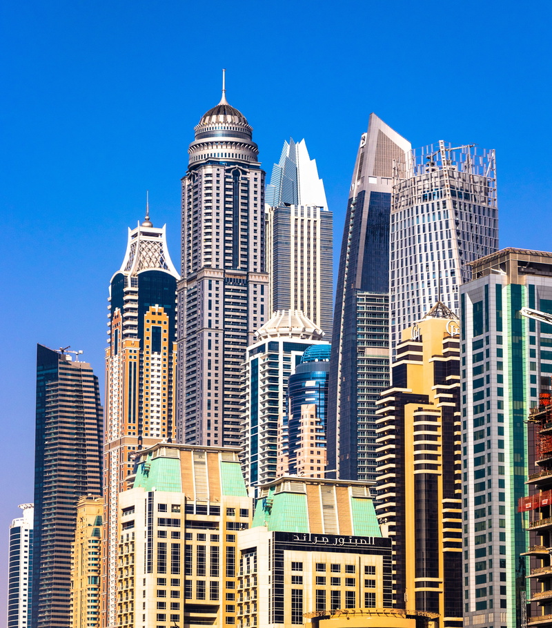 office building exterior, high houses, no people, agglomeration, 4K, the skyscraper, tall - high, silhouette against the sky, downtown district, clear sky
