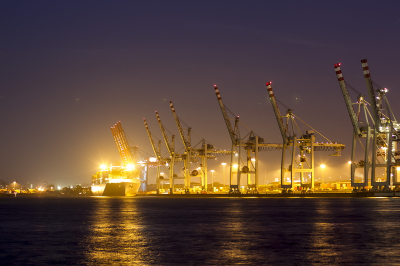 illuminated, shipping, night, 4K, germany, loading, transportation, water, harbor, sea, crane - construction machinery, pier, no people, waterfront, commercial dock