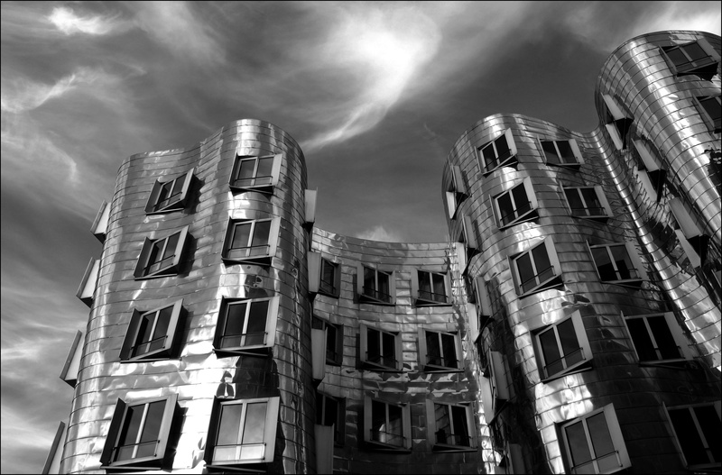 city, structures, gehry architecture, window, twisted building, germany, contrast, sky, low angle view, no people, building, outdoors, düsseldorf, issued window