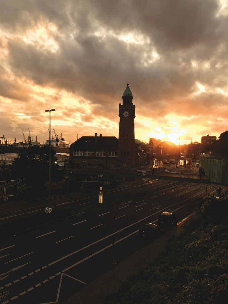 religion, harbour, tower, hamburg, sun, built structure, sky, hamburger hafen, germany, landungsbrücken, dusk, building, belief, nature, spire, s-bahn