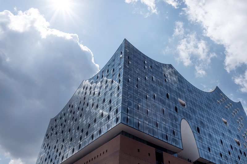 destination, urban, germany, glass, elbe, hall, 4K, design, hamburg, house, lens flare, skyscraper, sky, europe, facade, sunlight, exterior, city, office