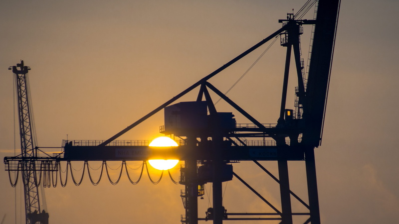 metal, hafen, silhouette, sky, construction equipment, architecture, kräne, morgenstund, sonne, sun, crane - construction machinery, sunrise, outdoors