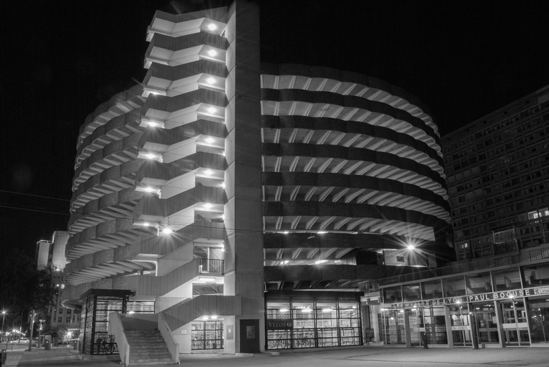 office building exterior, lyon, light, no people, black and white, travel destinations, city life, parking, architecture, building, parking des halles