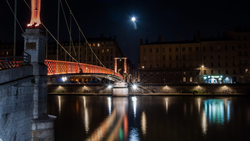 nature, bridge, transportation, no people, passerelle, waterfront, illuminated, lyon, moonlight, moon, nuit, travel destinations, sky, quai de saône, monlyon