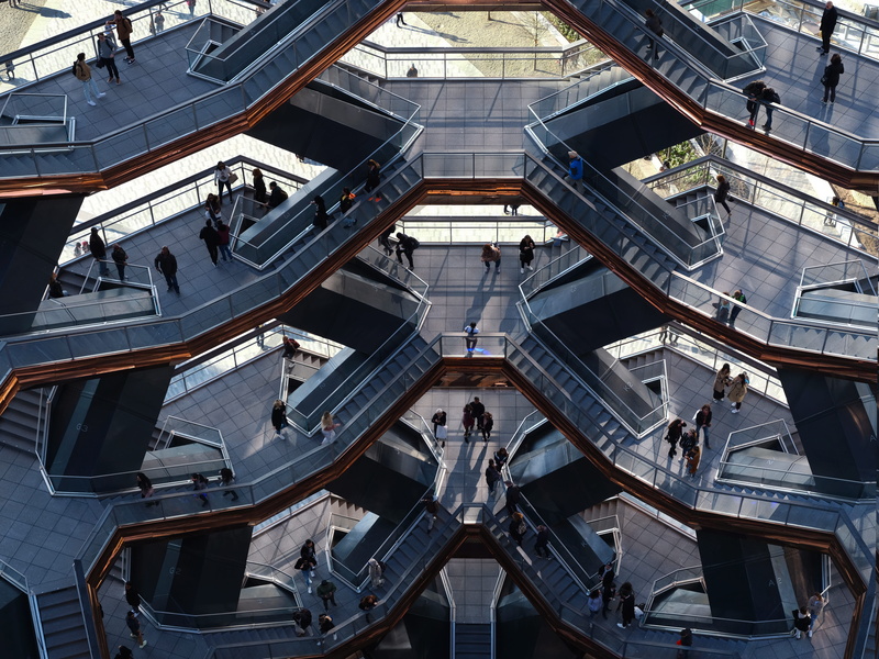 men, travel destinations, high angle view, the vessel, staircase, building exterior, outdoors, new york city, building, architecture, hudson yard, travel