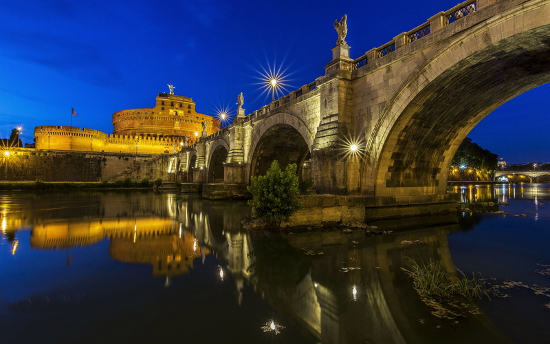 tiber, k, tablet, phones, ultra, river, water, building exterior, reflection, dusk, travel, city, desktop, 4K, night, architecture, no people, arch, italy