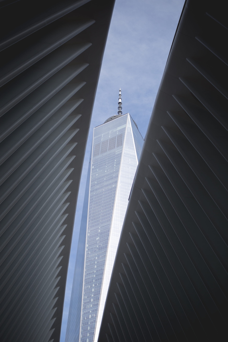 sky, one world trade center, oculus, day, office building exterior, glass - material, sunlight, wtc, built structure, transportation, pattern, roof, modern