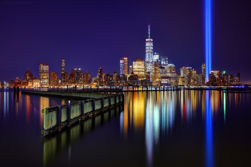 Hudson River, night city, building, New York, 1080P, New York City, The Hudson River, Tribute in Lights, rays, Initiation into the light, skyscrapers