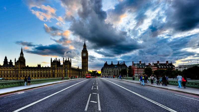 bridge, UK, 1080P, clouds, cityscape, sky, Westminster, London, Big Ben, road