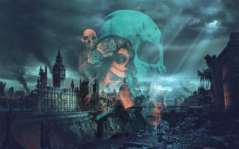 London, nature, illustration, celebration, ruined, Sugar Skull, ben, building, evil, halloween, belief, religion, ghost, cloud - sky, 1080P, smoke - physical structure