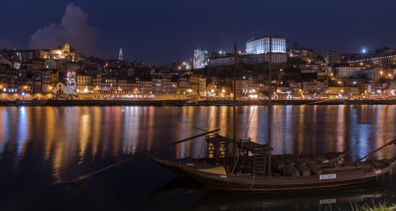 travel destinations, ribeira, transportation, reflections, panoramic, dusk, built structure, water, sky, mode of transportation, reflection, nature, nautical vessel