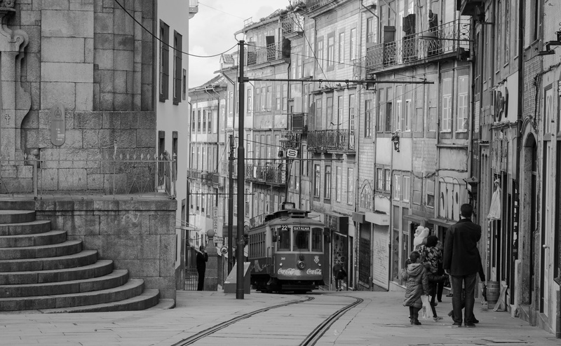 built structure, day, track, women, transportation, direction, portugal, walking, outdoors, street, porto, rail transportation, architecture, town, building exterior