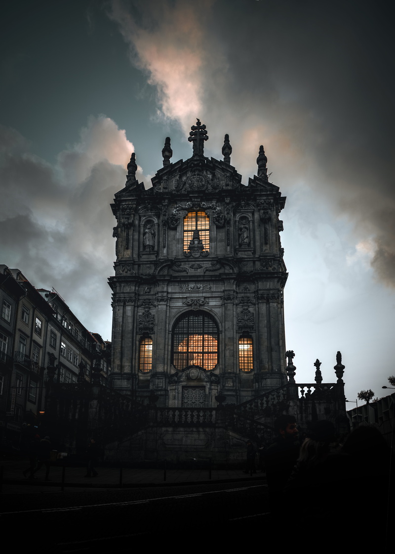 religion, outdoors, city, illuminated, built structure, belief, porto, place of worship, portugal, art, oporto, low angle view, building, minimal, 8K