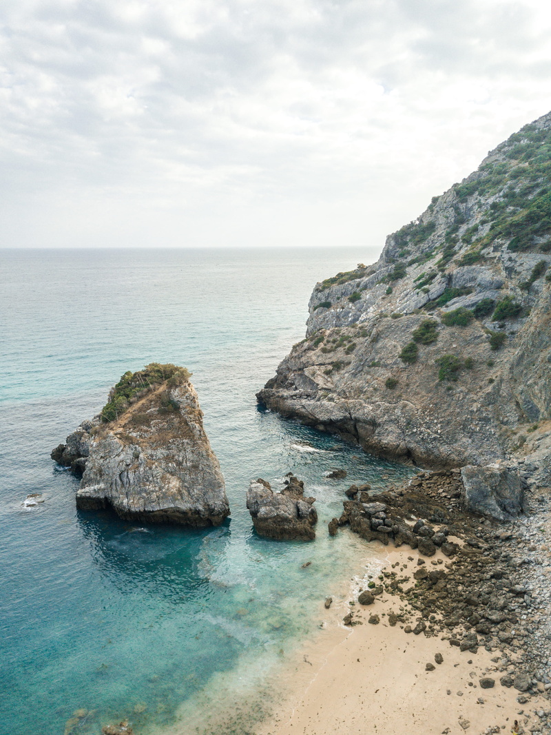 tranquil scene, 4K, ribeira do cavalo beach, tranquility, cloudy, scenics - nature, idyllic, stack rock, moody, waves, tree, sealife, water, ocean, blue